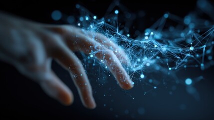 Human Hand Interacting with Glowing Blue Digital Network Constellation.