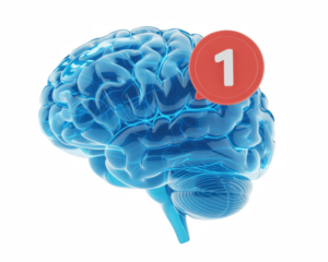 A blue brain with a red notification bubble showing the number one on a black and white background on transparent background