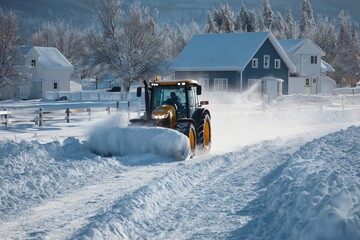 Snow removal in a barnyard using a tractor with a front mounted snow blower on a cold winter day