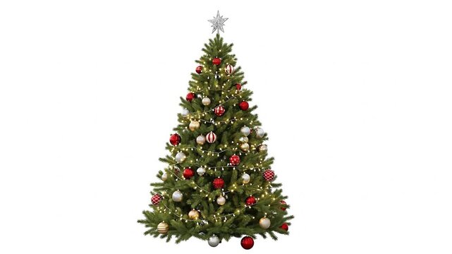 An evergreen tree with a star topper glowing string lights and spherical red gold and silver ornaments set against a pristine white background