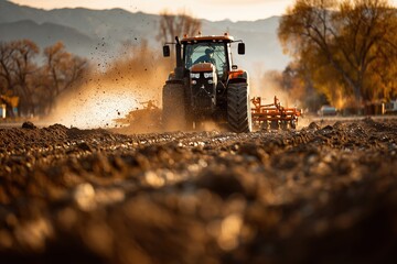 Rotary hoe working the topsoil for weed control and improved soil texture on a sunny afternoon