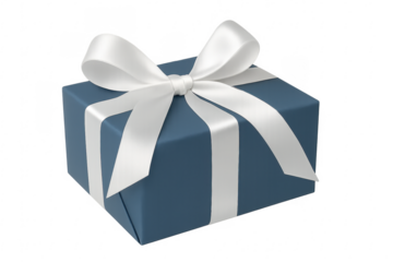 Blue gift box wrapped with white ribbon on transparent background