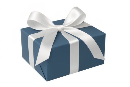 Blue gift box wrapped with white ribbon on transparent background