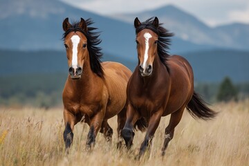 Obraz premium Stallions grazing in a lush pasture showcasing playful strength and motion under a clear sky in the countryside