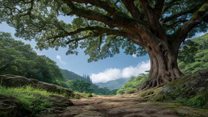 Fototapeta premium Majestic oak tree landscape lush green forest nature tranquil