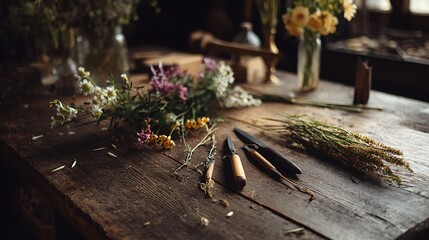 Rustic floral arrangement workshop with wildflowers and vintage tools on wooden table top for design blog