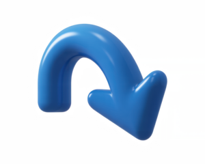 A glossy blue arrow curving downward on a black background indicating direction or navigation design on transparent background