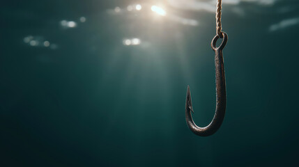 Fishing hook underwater ocean depths serene viewpoint