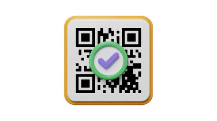 A qr code with a yellow border and a green circle and purple checkmark on a black background on transparent background