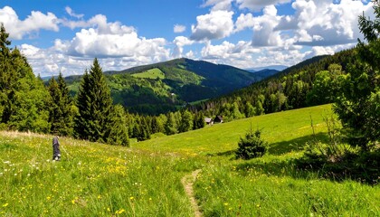 Fototapeta premium Mountain meadow path on a sunny day