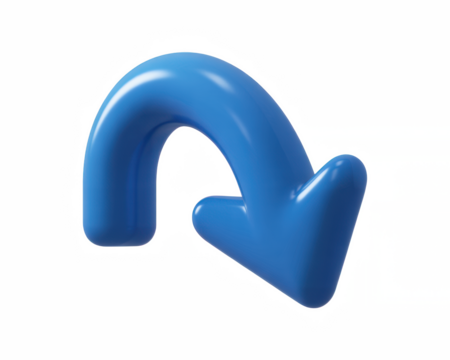 A glossy blue arrow curving downward on a black background indicating direction or navigation design on transparent background