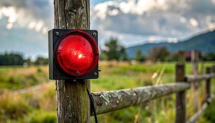 Red warning light on wooden fence post