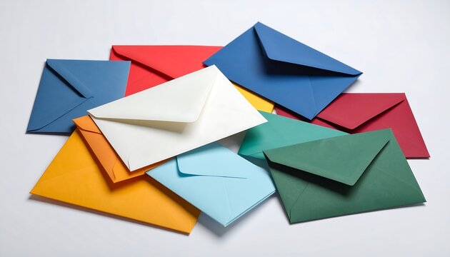 Colorful envelopes clustered on a plain background