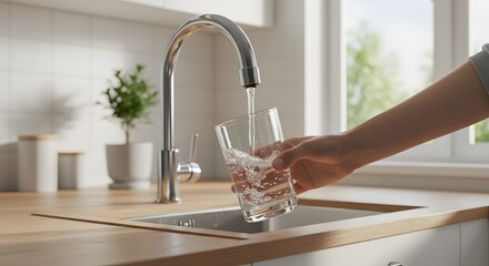 Filling up a glass with drinking water from kitchen tap © Hisamsyah