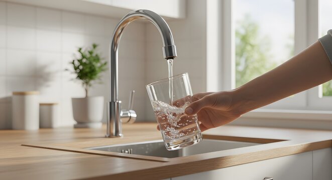 Filling up a glass with drinking water from kitchen tap