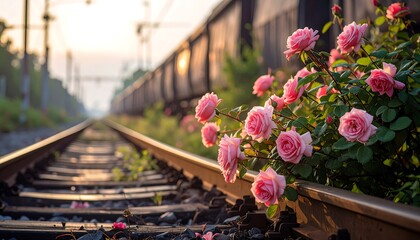 Pink roses on train tracks at sunrise