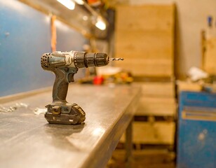 Power drill on workbench in a workshop