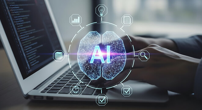 Person using a laptop with a digital illustration of an ai brain surrounded by icons representing different functions of artificial intelligence