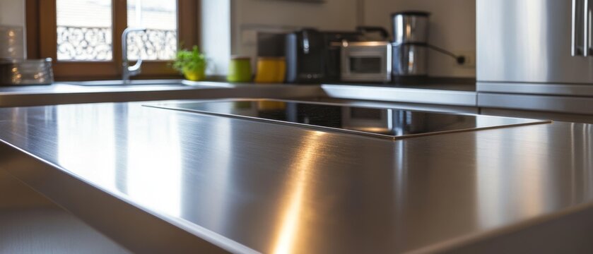 Sleek stainless steel kitchen countertop with built in induction cooktop