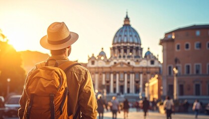 Cinematic view of a young backpacker looking up at the sky and then turning toward a structure in the background, with the camera slowly panning forward, capturing adventure, exploration, and dramatic