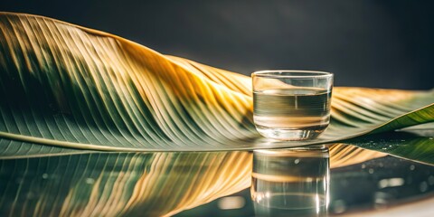 Vibrant Banana Leaves With a Glass Ripple Reflecting Natural Beauty in Close up View