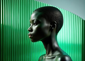 Green Model hidden behind mirror pattern. Beautiful girl. Digital woman face for AI technology concept. Reeded Glass. Ribbed Background. Glitched and corrupted female face.