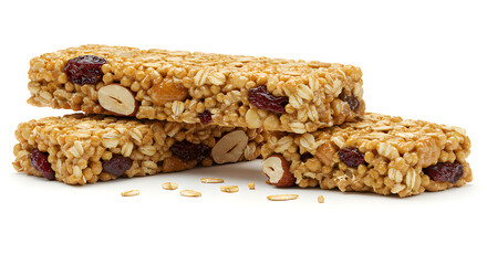 Homemade granola protein bar with nuts and fruits, fitness snack, isolated on white.