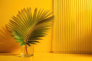 Green palm with reeded glass. Abstract illustration on clean panel for modern beauty design. White Reeded Glass. Plant leaves. Summer concept with blurred luxury wall. Ribbed Background.