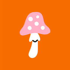 Vector halloween pink mushroom clipart isolated on orange background. Cute witchcraft and halloween mystical forest element.