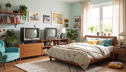 Retro bedroom with a warm, eclectic vibe