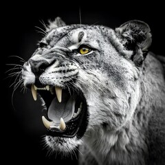 Powerful, roaring lioness close-up