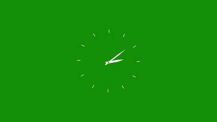 Twelve hours clock run, moving time arrows, 12 hours clock dial loop, twenty-four hours time lapse animation, Hours appear on a green background .HD Video animation.