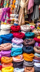 Fototapeta premium Colorful fabric rolls in a market stall