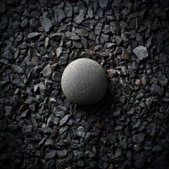 Isolated Smooth Gray Sphere on Dark Textured Gravel, Stark Contrast.