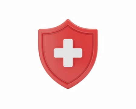 A red shield with a white cross in the center symbolizing health and protection on a black background on transparent background