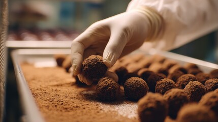 Close medium shot capturing the detailed process of handrolling dark chocolate truffles emphasizing texture against a softly defocused production area.