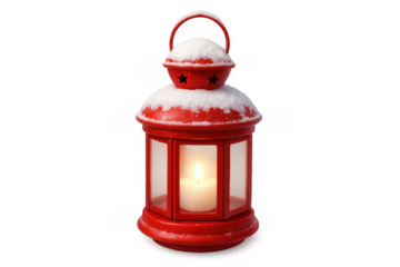 Red christmas lantern with burning candle and snow on transparent background
