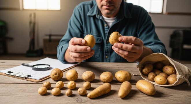 Medium shot shows an agricultural expert comparing various seed potatoes emphasizing texture and size differences to determine optimal planting stock.