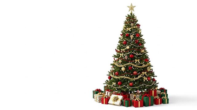 Decorated evergreen tree with a star topper red and gold ornaments string lights and many wrapped presents at its base on white