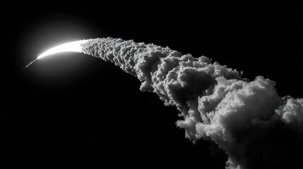 Rocket launch leaving dense cloud trail against night sky, military theme