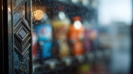 Obraz premium Shot capturing a vending machine covered in geometric designs and layered textures the artistic details in sharp focus contrasted by a softly blurred environment.