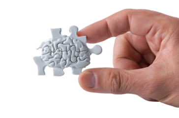 Close-up of a hand holding a puzzle piece shaped like a brain