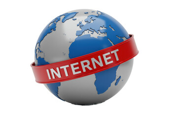 Isolated 3D rendering of the earth globe with an internet sign over it symbolizing globalization