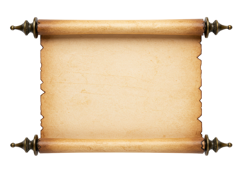 Isolated ancient paper scroll with ornamental ends, medieval parchment, vintage texture