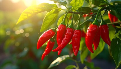 Ripe red chili peppers on a vine in sunlight
