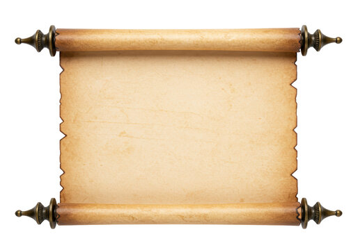 Isolated ancient paper scroll with ornamental ends, medieval parchment, vintage texture