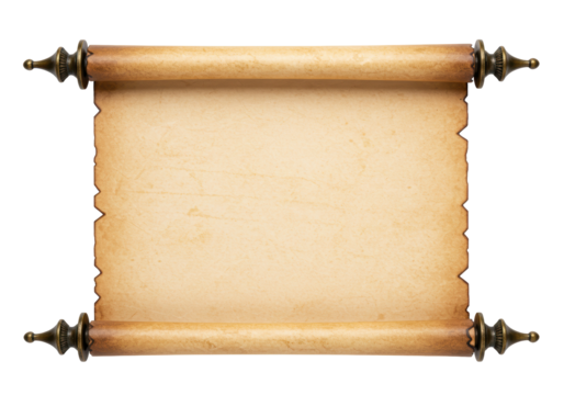 Isolated ancient paper scroll with ornamental ends, medieval parchment, vintage texture