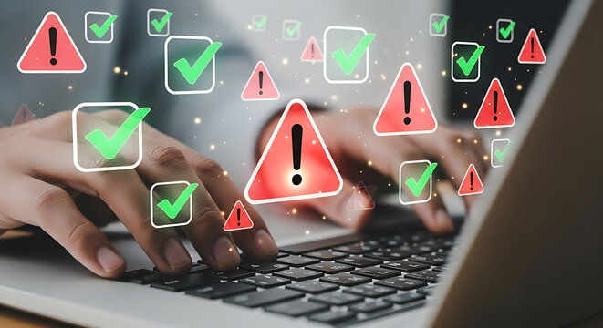 Hands typing on a laptop keyboard with digital illustration of alert and checkmark icons, indicating online security risks and verifications.