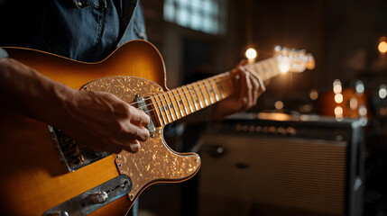 Obraz premium Musician passionately plays electric guitar in dimly lit studio, with focus on guitar and amplifier in background, creating warm and creative atmosphere