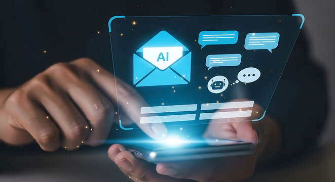 Hand using a smartphone with virtual screen showing ai assistance, email, chat bot and communication icons.